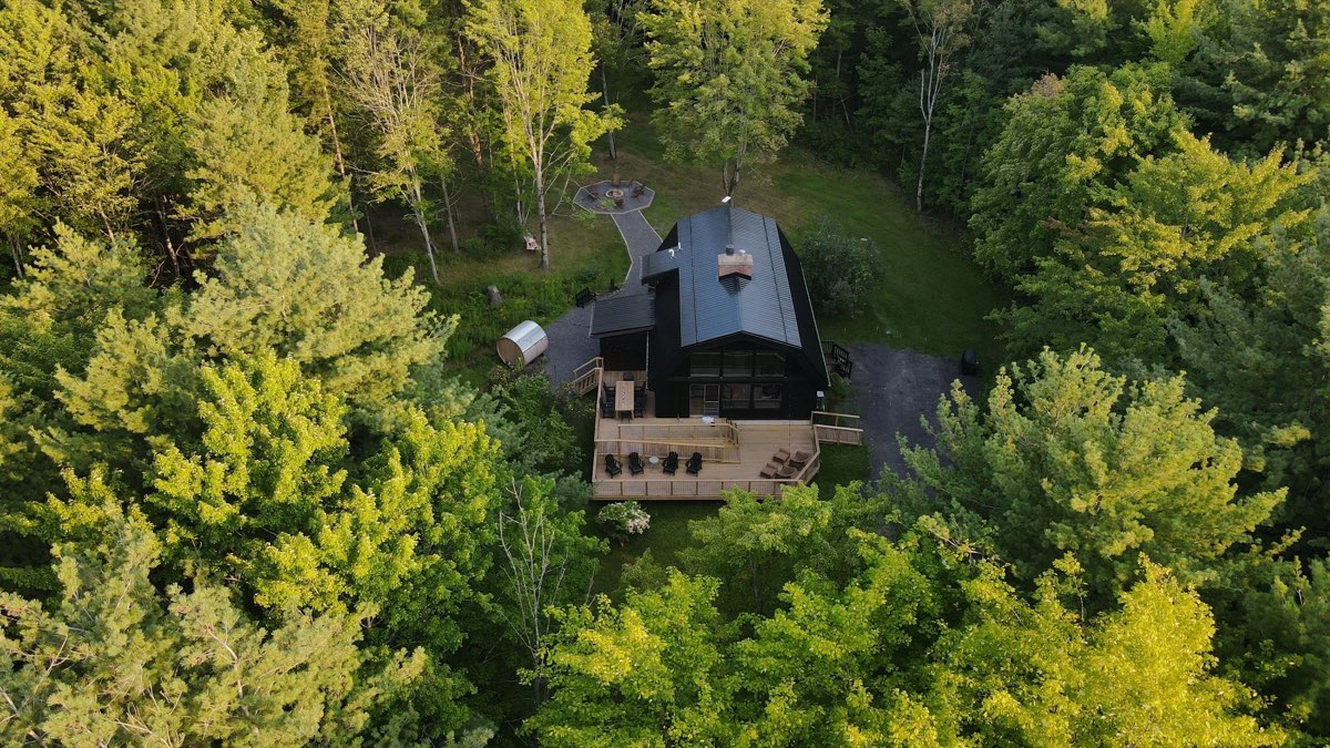 Drone view of the black cabin, front deck, and barrel sauna in a clearing of summer forest