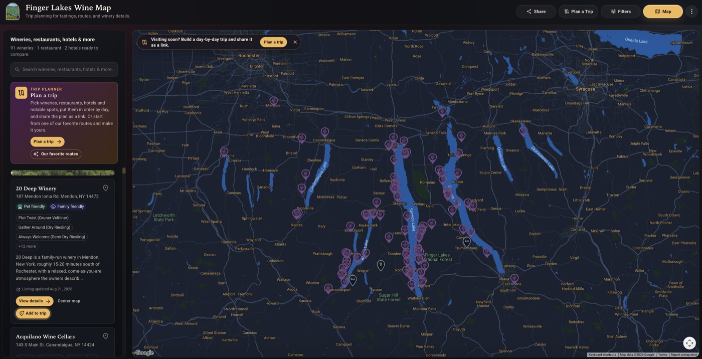 Finger Lakes Wine Map showing wineries around the region’s lakes
